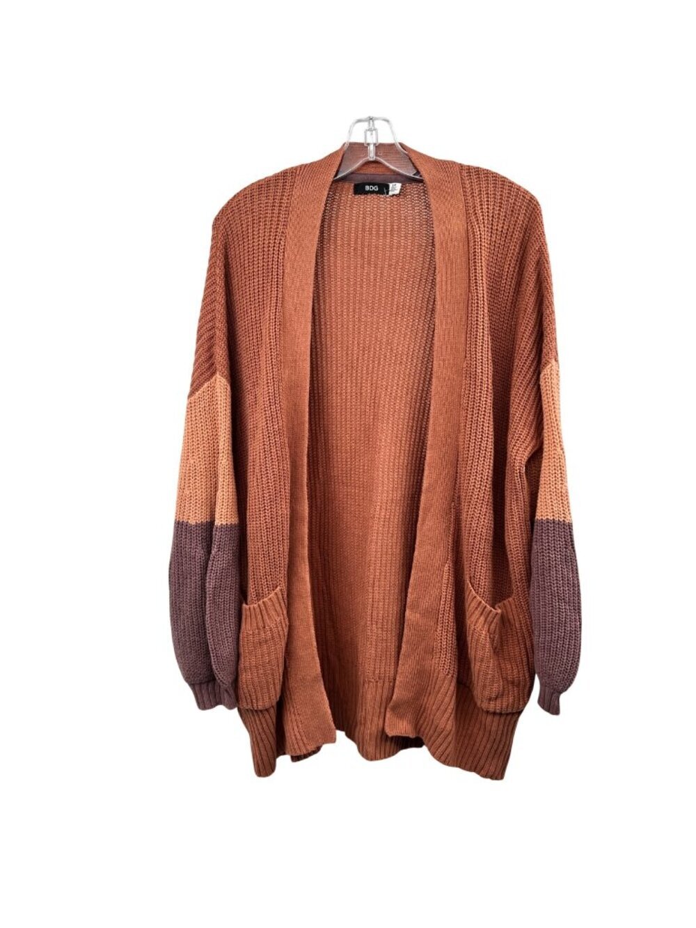 BDG Womens Knit Cardigan Sweater Open Front Striped Sleeve Spice/Multi Small